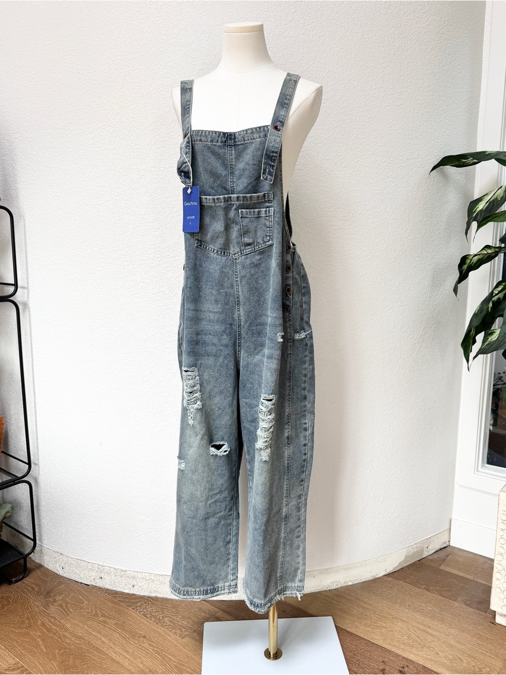 NWT High Hopes Washed Blue Distressed Slouchy Denim Overalls L Cotton Stretch - Picture 2 of 6